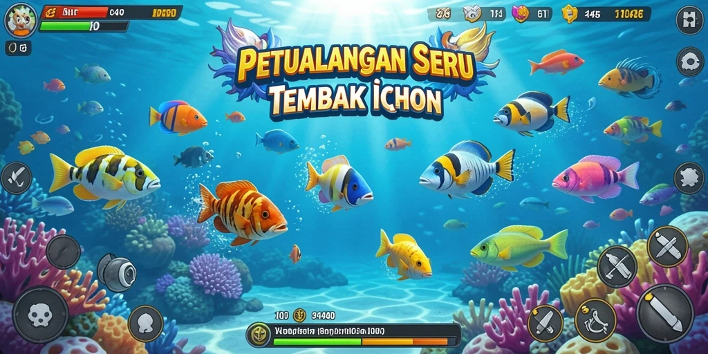 Screenshot utama menampilkan aksi tembak ikan yang seru di laut.