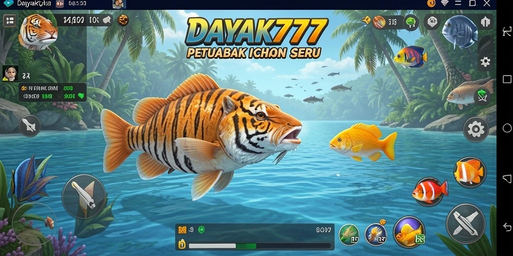 Screenshot gameplay DAYAK777 menampilkan aksi tembak ikan yang menegangkan.