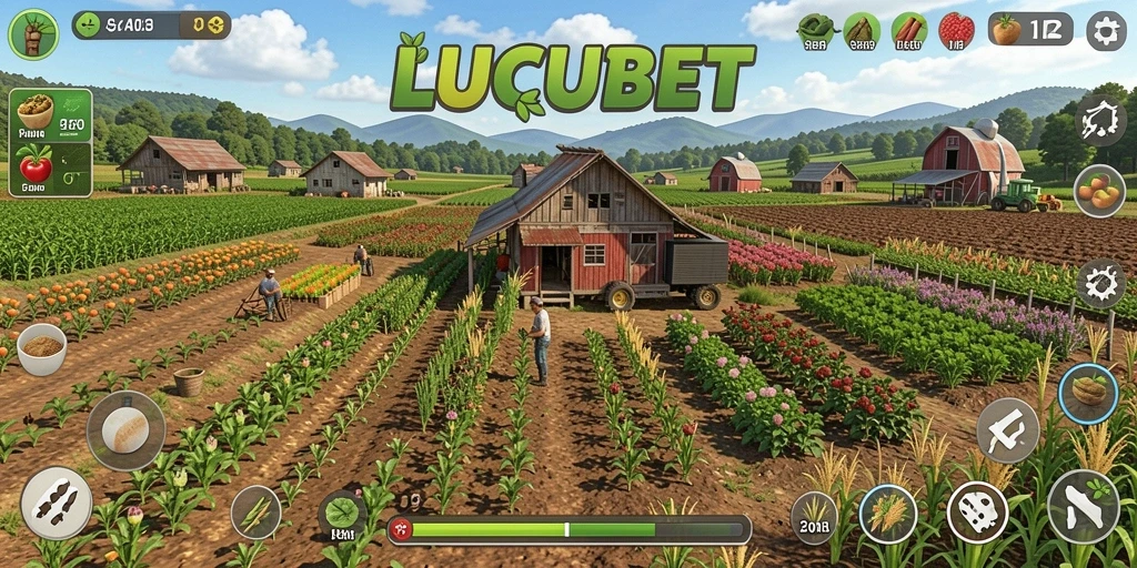 Screenshot gameplay LUCUBET menampilkan kebun yang penuh warna dan aktivitas bertani.
