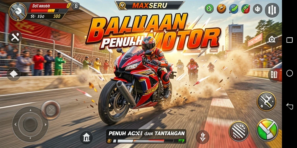 Screenshot menunjukkan balapan seru di trek dengan motor berkecepatan tinggi.