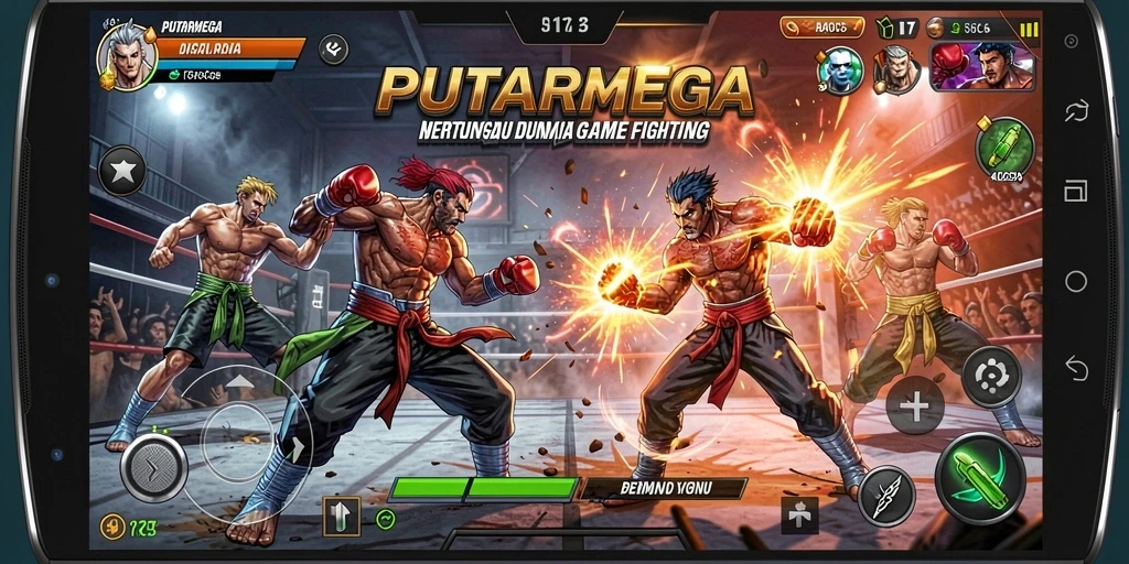 Screenshot PUTARMEGA menampilkan pertarungan seru dengan karakter dinamis.