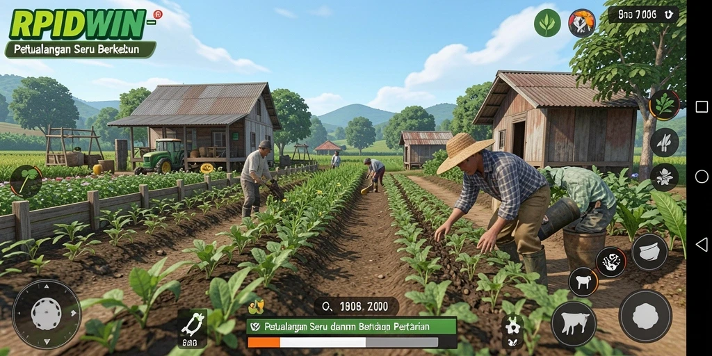 Tangkapan layar yang menampilkan gameplay seru di RPIDWIN dengan aktivitas bertani.
