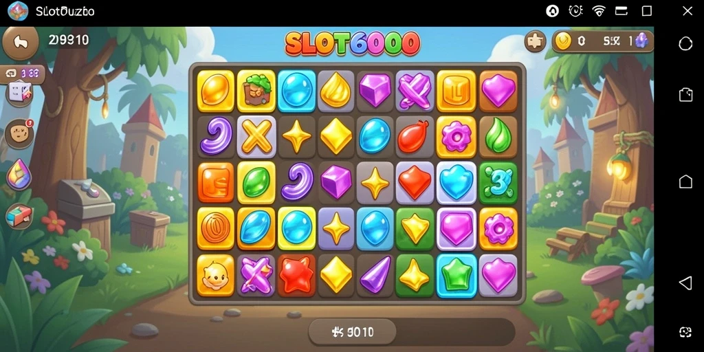 Tangkapan layar permainan SLOT6000 yang menunjukkan aksi Match-3 yang seru.