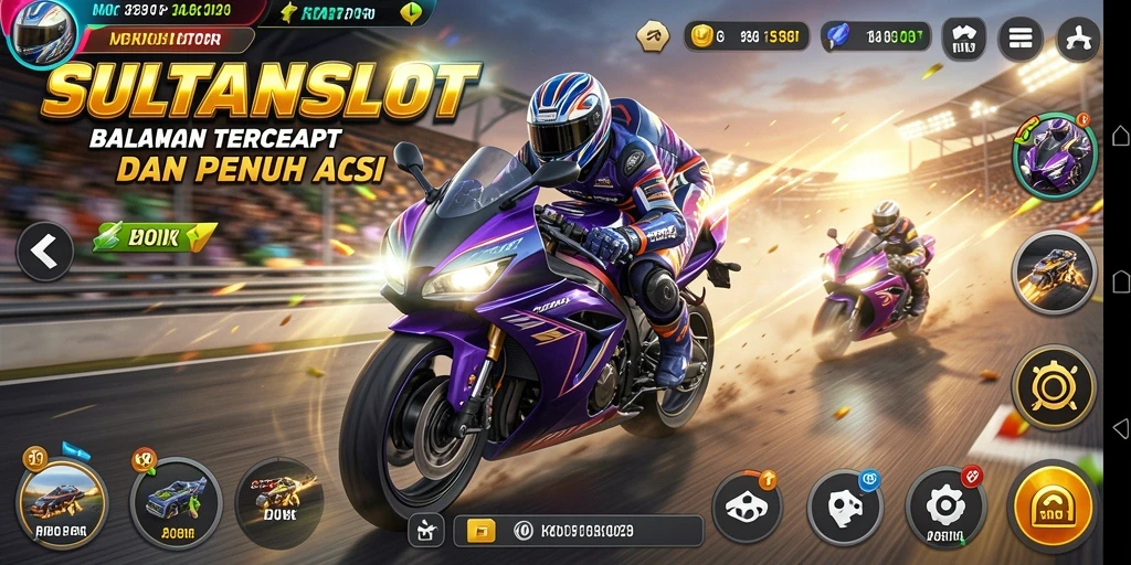Tampilan gameplay SULTANSLOT dengan balapan motor yang seru.