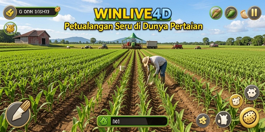 Tangkapan layar gameplay WINLIVE4D menampilkan aktivitas bertani yang seru.